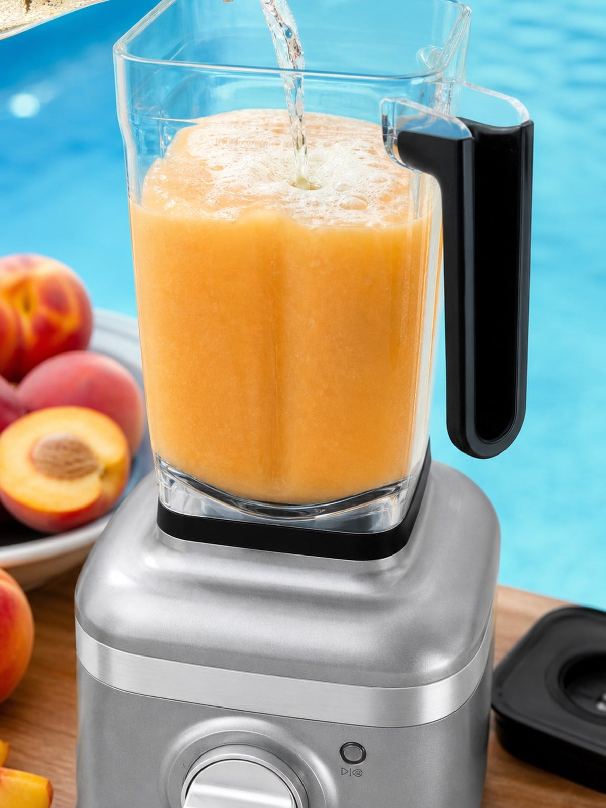Sparkling wine poured into the frozen peach Bellini mixture in a silver KitchenAid K400-style blender.