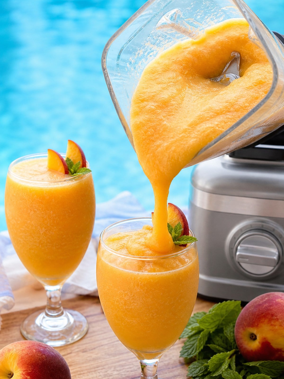 Frozen peach Bellini mixture poured from a blender pitcher into garnished glasses by the pool.