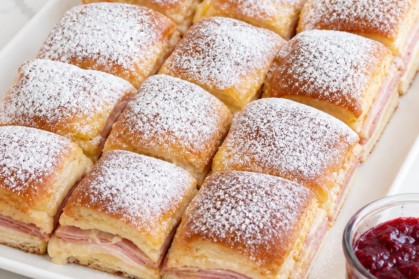 Monte Cristo sliders dusted with powdered sugar and served with raspberry preserves.