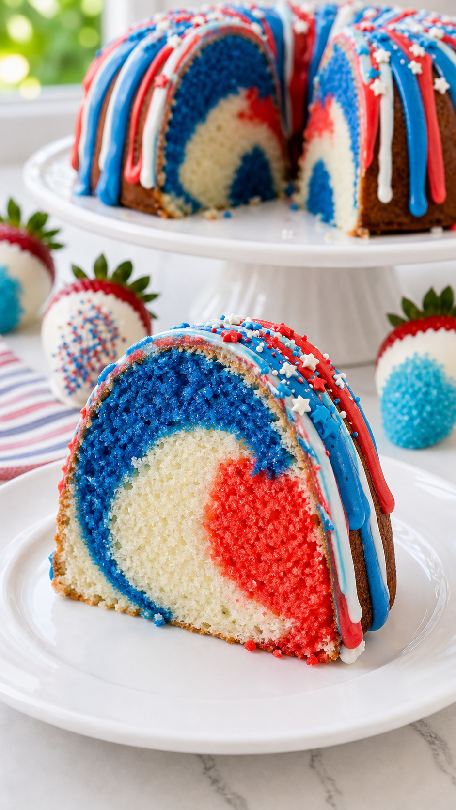 Slice of Easy Firecracker Cake showing large red, white, and blue swirls with festive glaze and sprinkles.