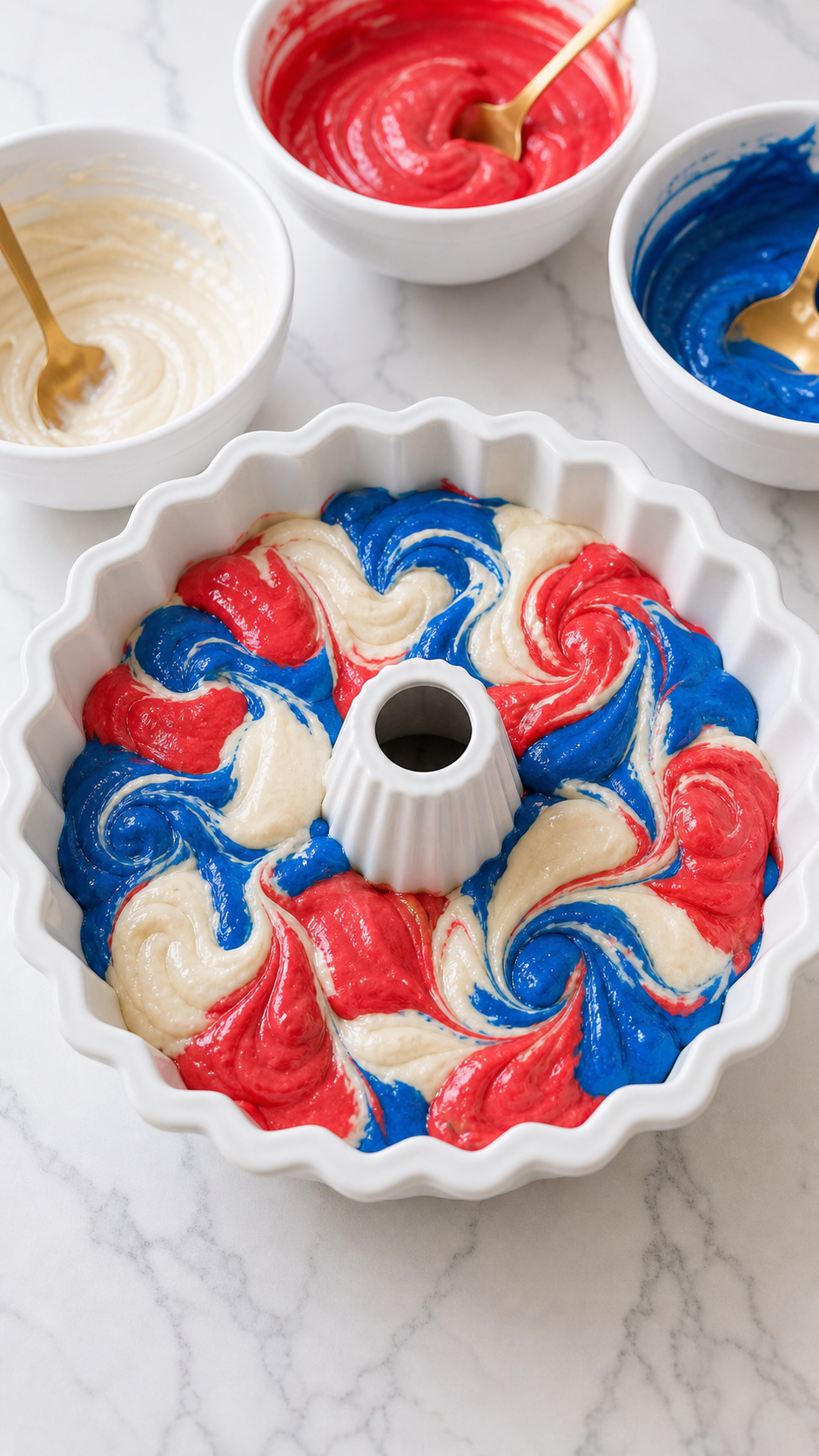 Red, white, and blue Firecracker Cake batter spooned into a Bundt pan with random knife-swirled blobs, white bowls, and brushed gold utensils.