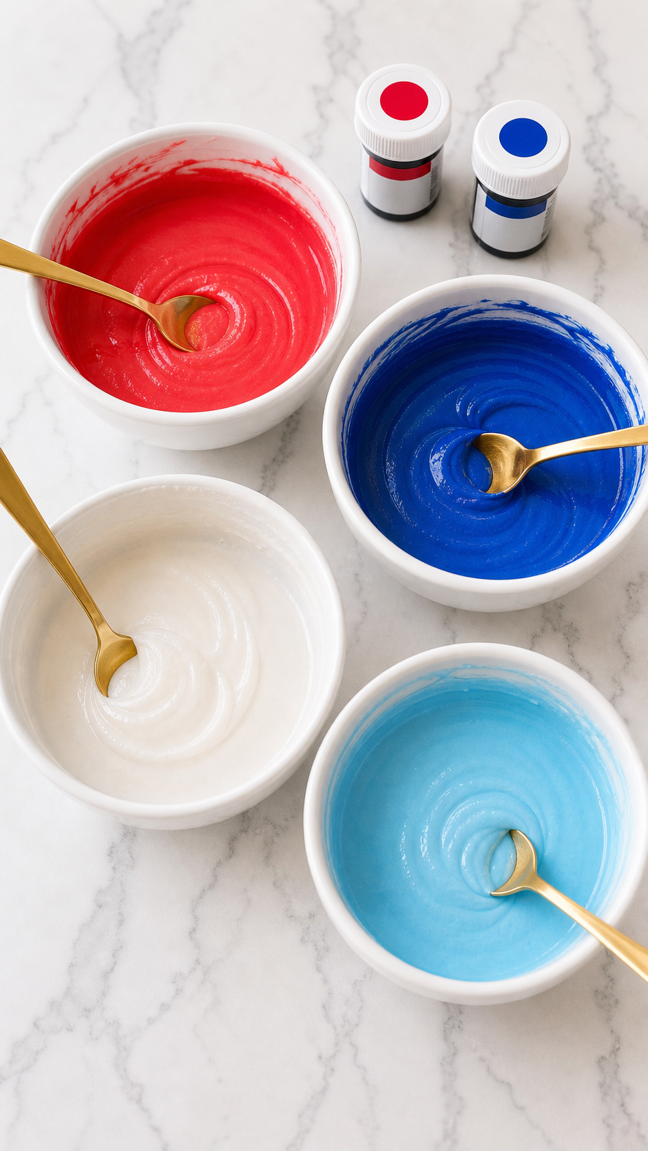 Four bowls of Firecracker Cake glaze tinted red, royal blue, light blue, and white with brushed gold spoons and gel icing color jars.