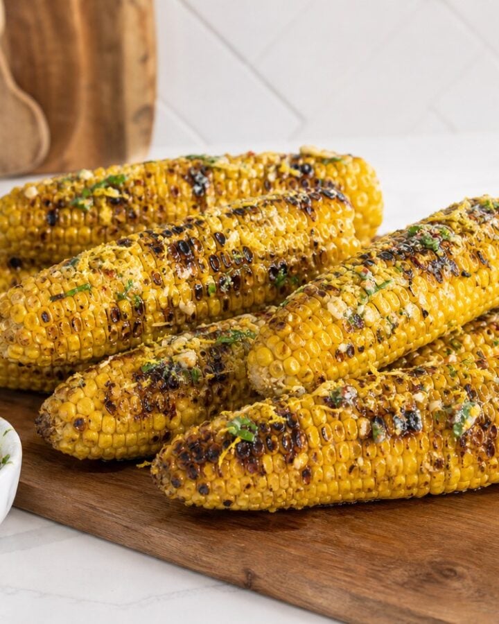 Easy grilled corn on the cob with garlic herb butter and smoky grill marks.