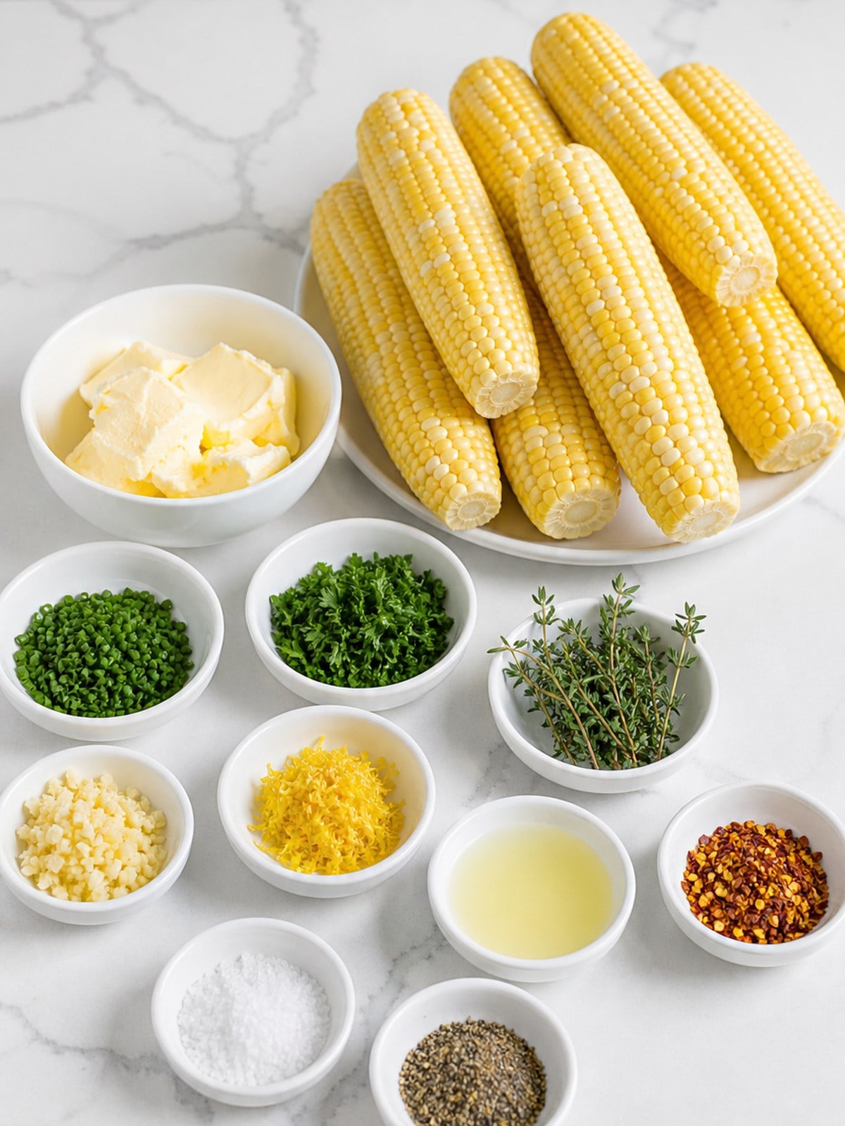 Fresh sweet corn, softened butter, herbs, lemon, garlic, red pepper flakes, salt, and pepper for grilled corn.