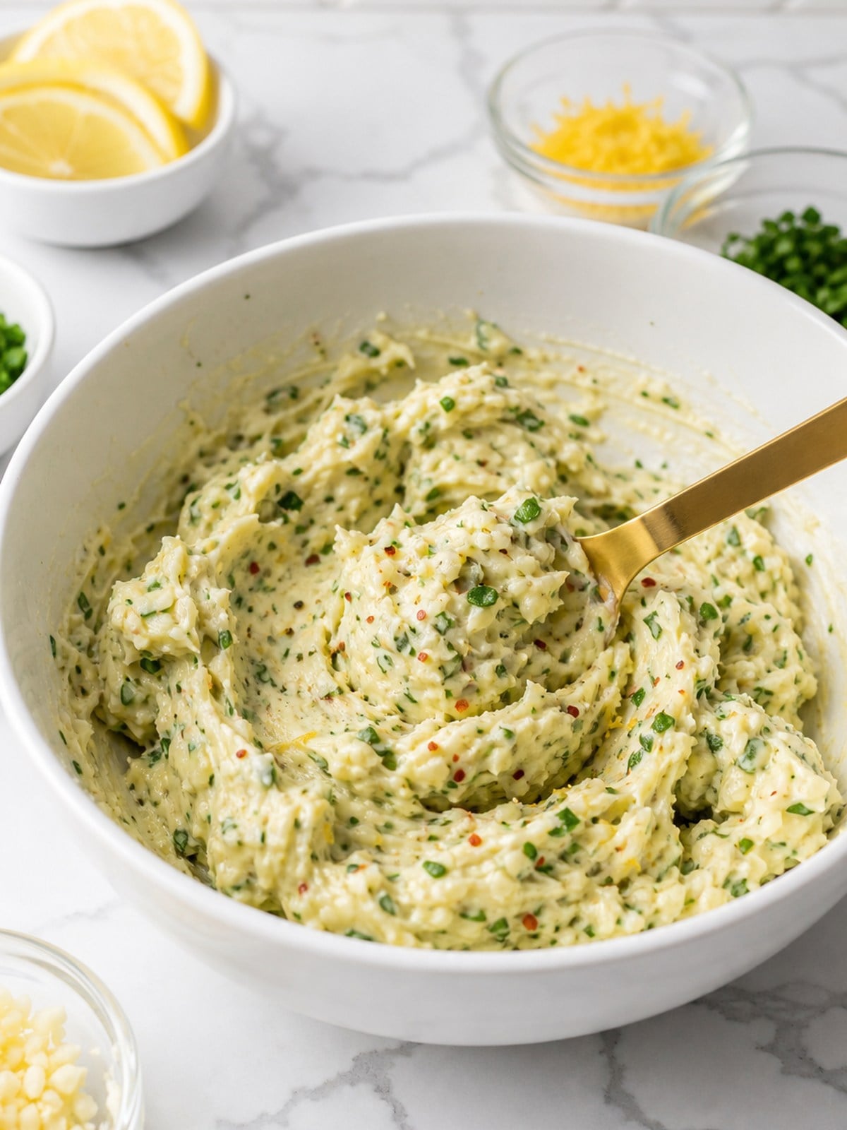 Garlic herb butter mixed with chives, parsley, thyme, lemon, garlic, red pepper flakes, salt, and pepper.