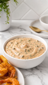 Creamy homemade Cajun remoulade sauce in a white bowl with fried shrimp and fries.