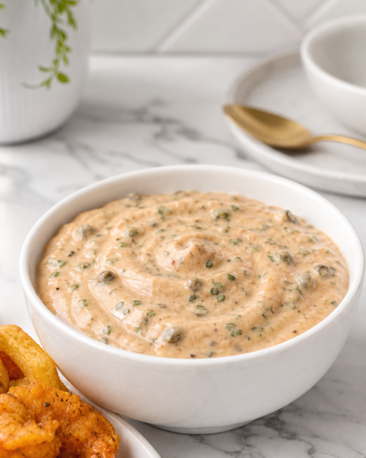 Creamy homemade Cajun remoulade sauce in a white bowl with fried shrimp and fries.