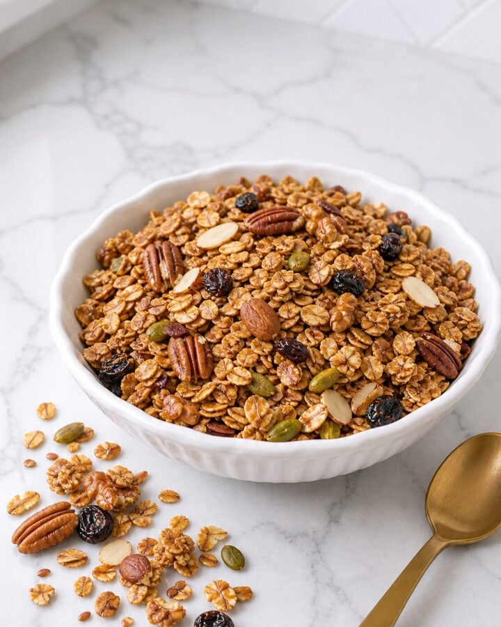 Finished homemade granola in a white bowl with toasted oats, nuts, seeds, and optional dried fruit.