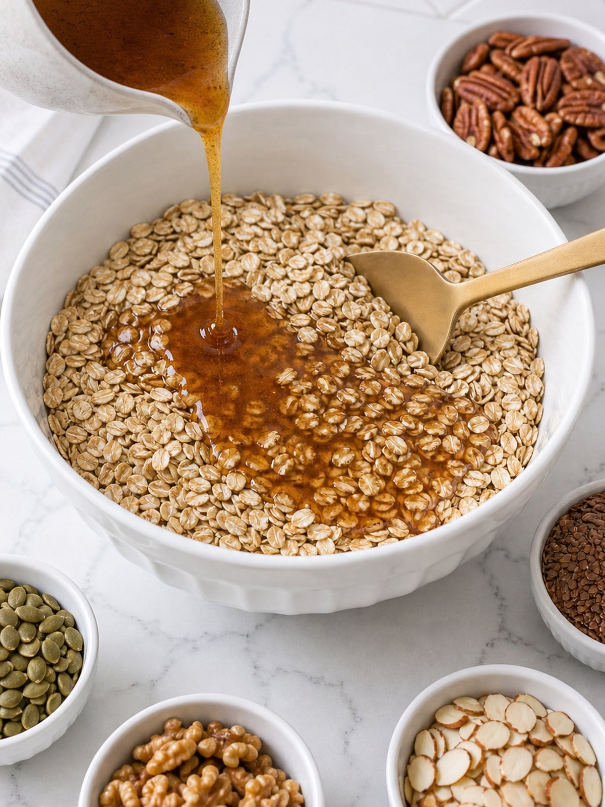 Honey cinnamon syrup being poured over old-fashioned oats for homemade granola.