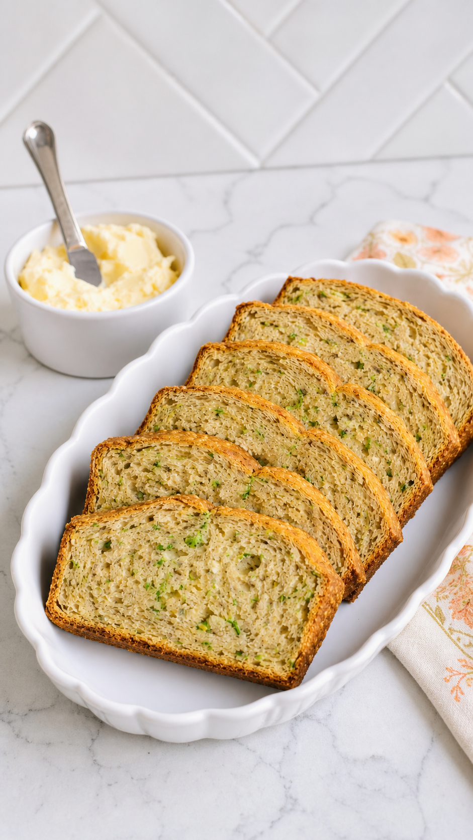 Finished sliced zucchini bread served with butter on a white platter.