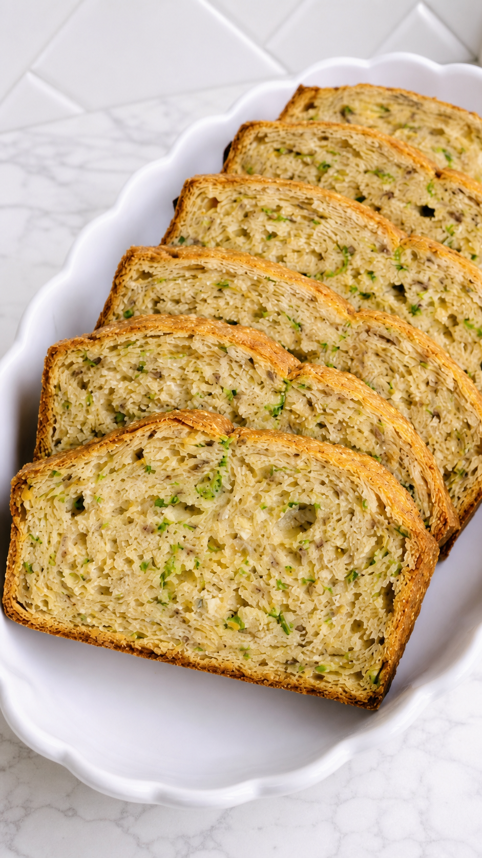 Close view of tender zucchini bread slices showing green zucchini flecks and golden crust.