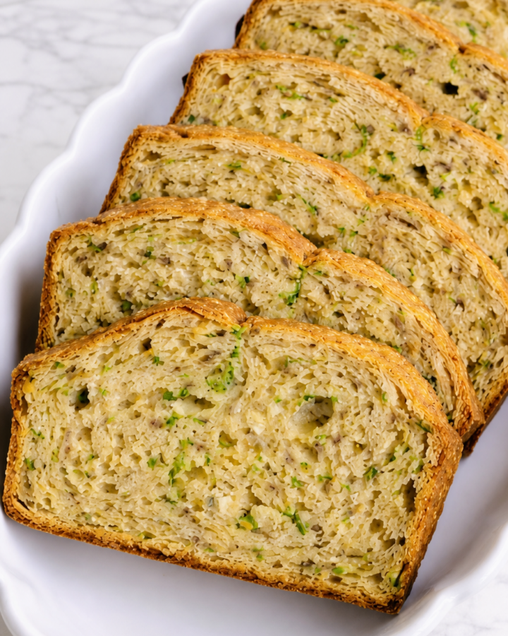 Close view of tender zucchini bread slices showing green zucchini flecks and golden crust.