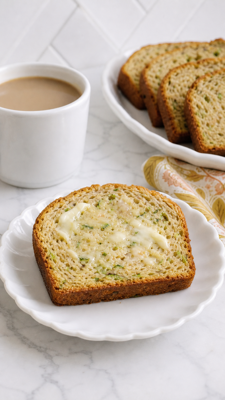 Moist zucchini bread slice spread with butter beside a cup of coffee.