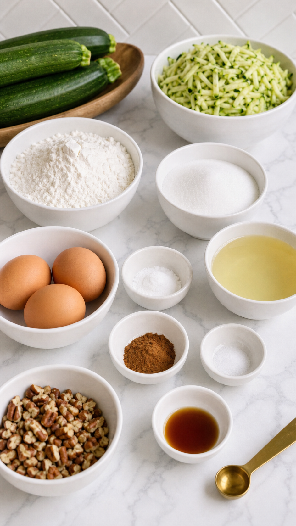 Ingredients for homemade zucchini bread arranged on a white quartz counter.