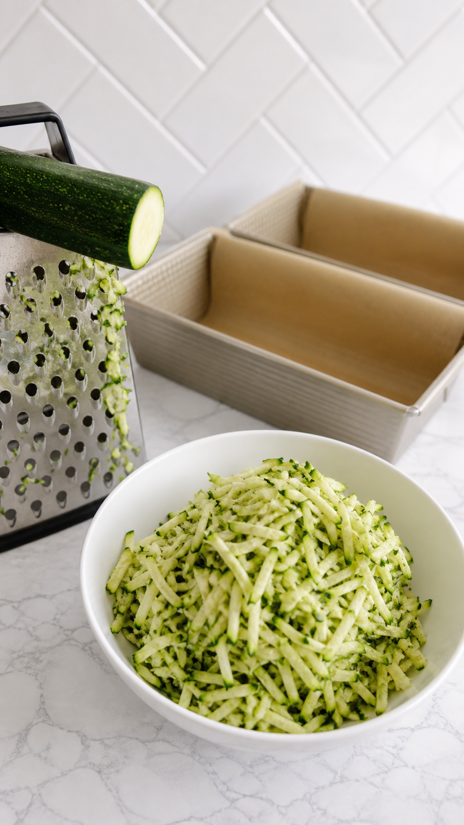Fresh zucchini being grated for homemade zucchini bread.