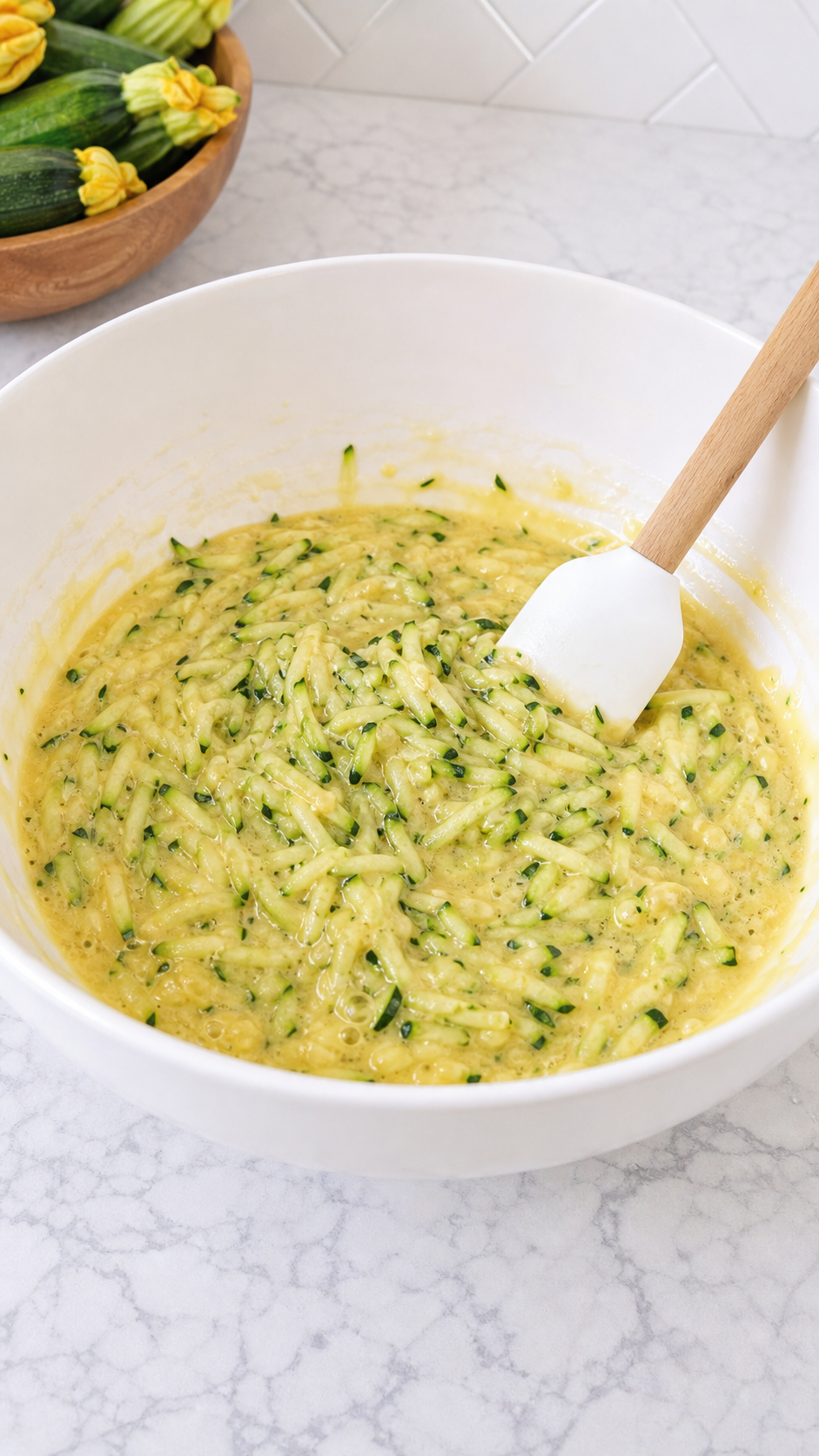 Eggs oil vanilla and shredded zucchini stirred together in a mixing bowl.