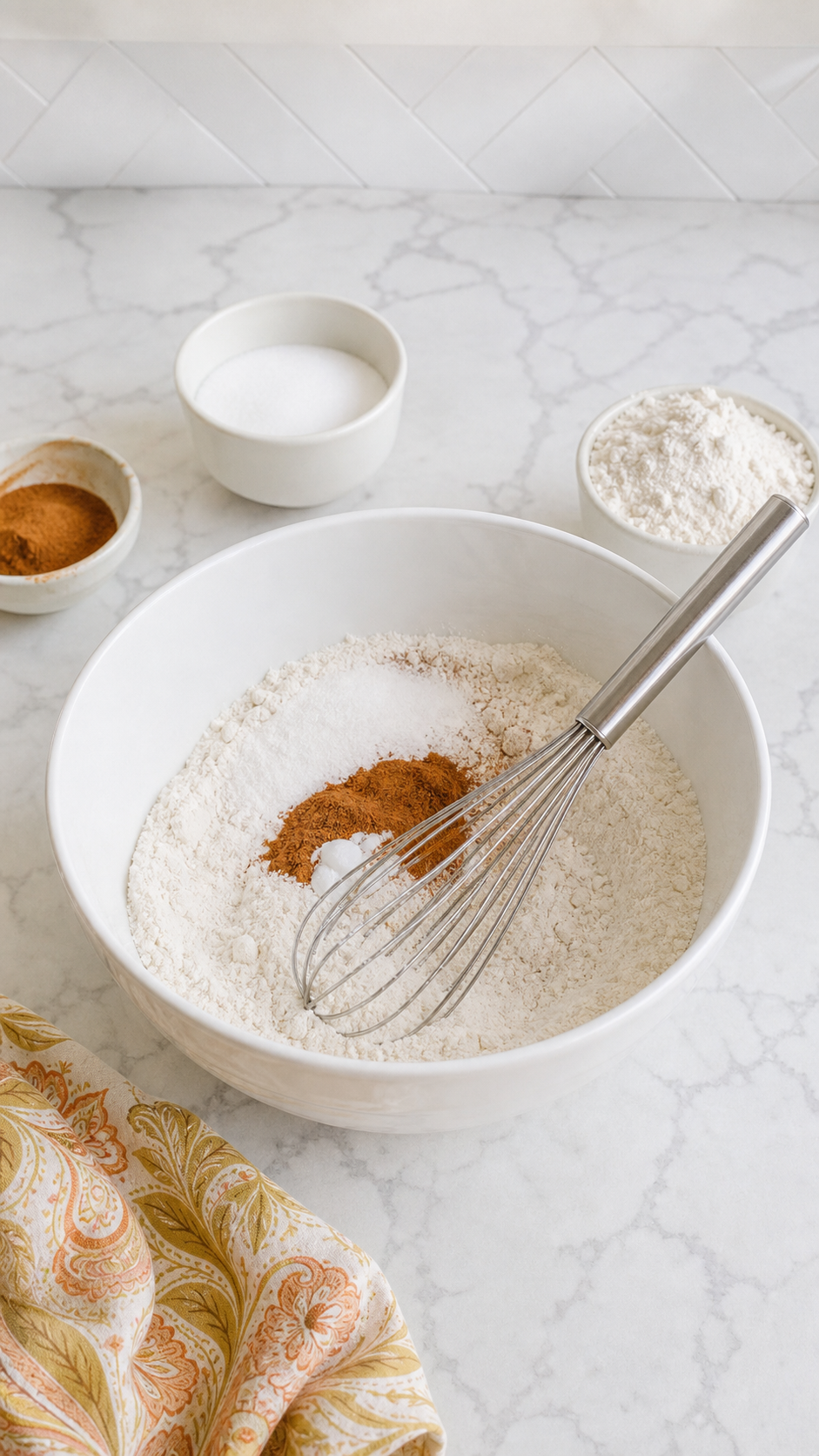 Dry ingredients for zucchini bread whisked together in a mixing bowl.