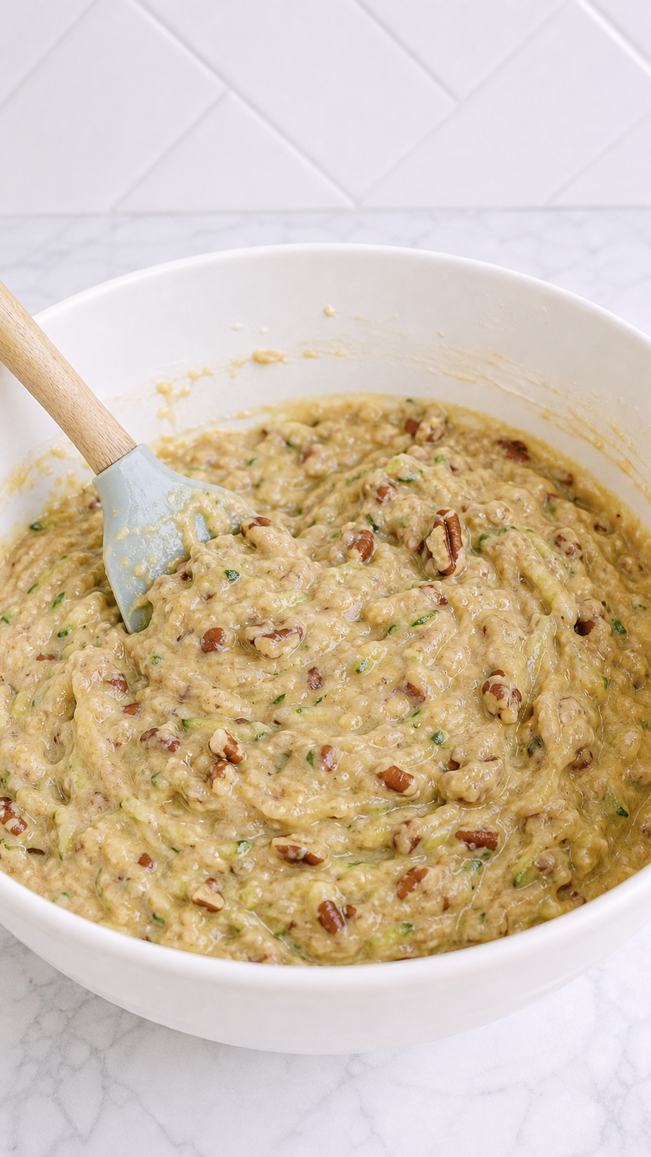 Thick zucchini bread batter with chopped pecans folded in.