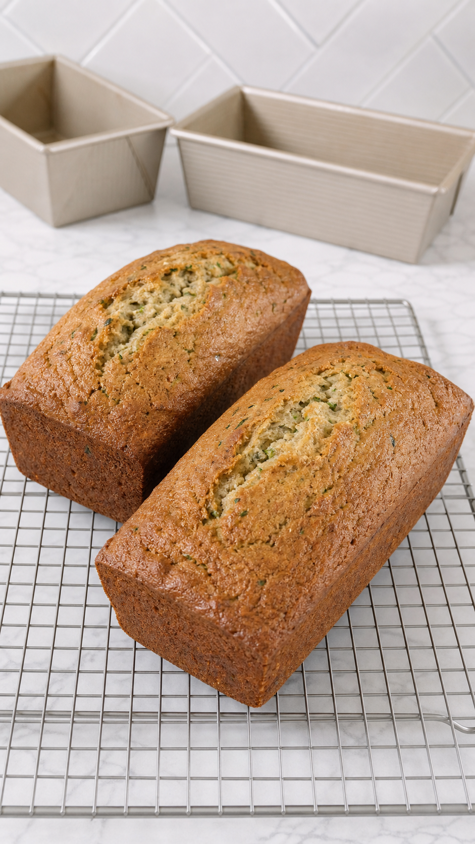 Two baked zucchini bread loaves cooling after baking.