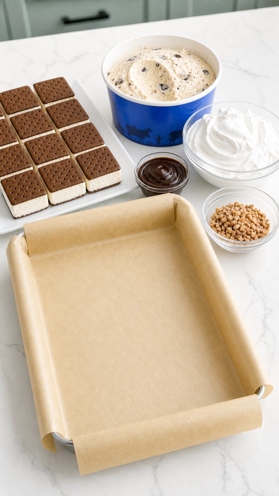Ingredients for no-bake ice cream sandwich cake including ice cream sandwiches, cookie ice cream, fudge, Cool Whip, and toffee bits.