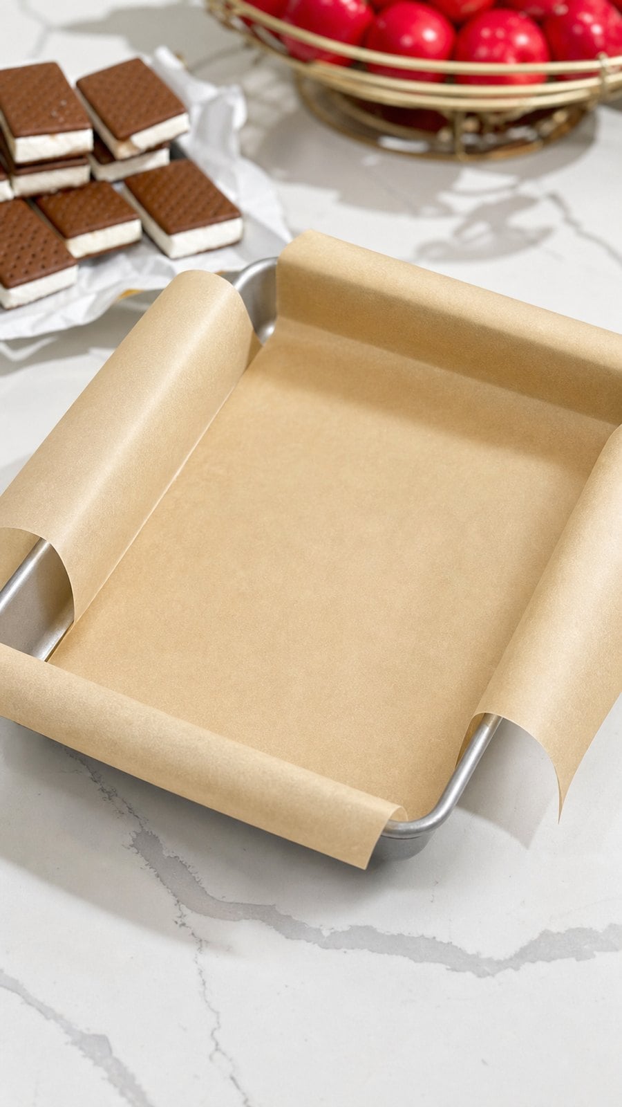 Parchment-lined 9x13-inch baking dish ready for ice cream sandwich cake.