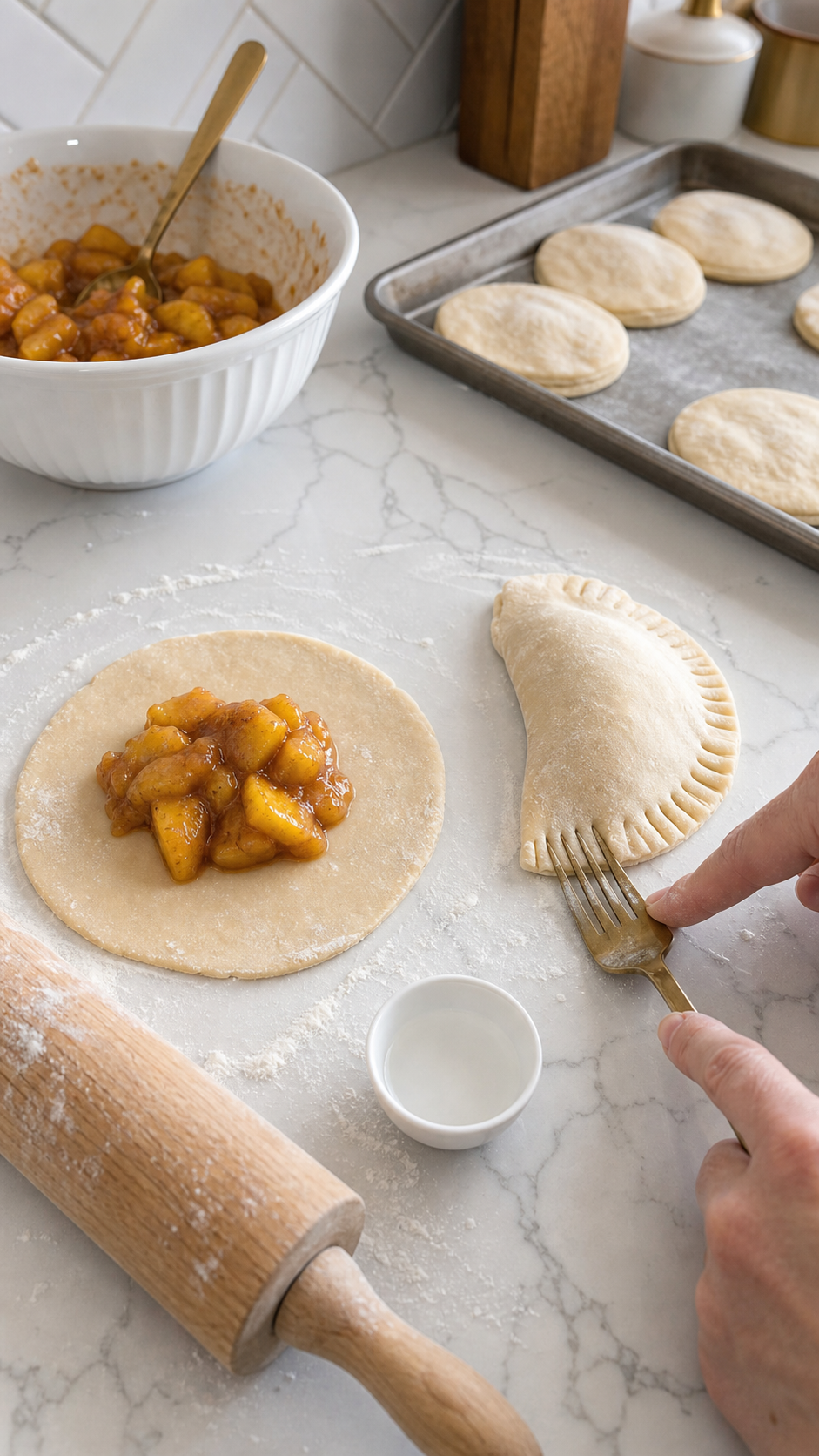 Peach filling spooned onto pie dough while sealing Southern fried peach hand pies.