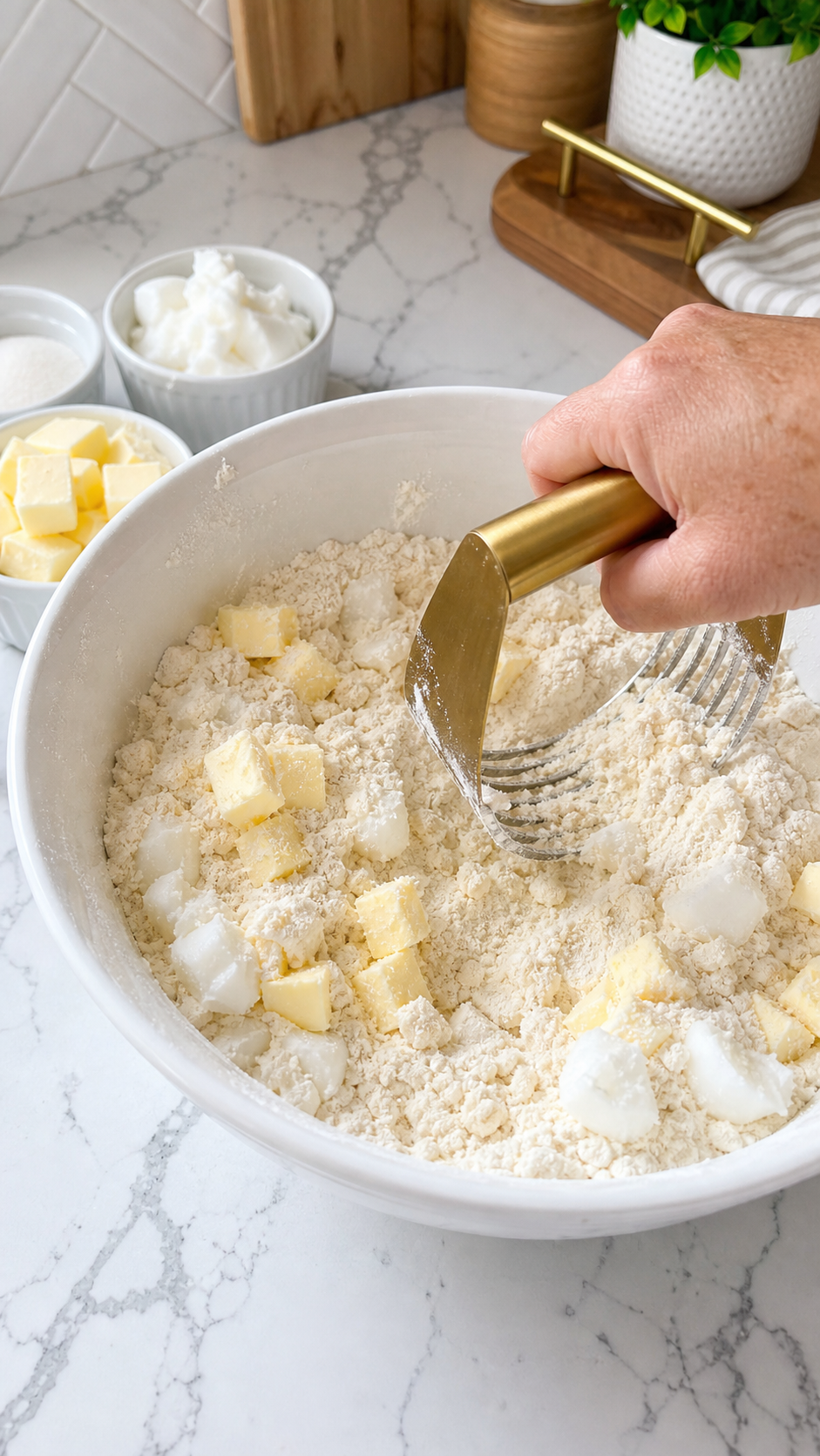 Cutting cold butter and shortening into flour for Southern fried peach pie dough.