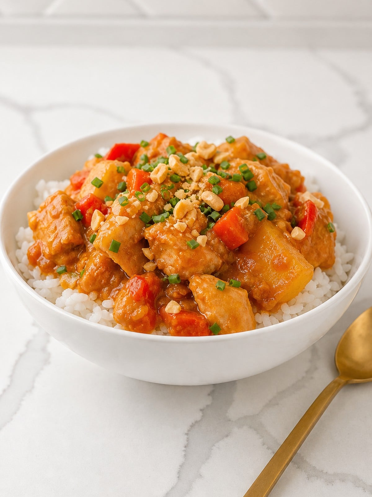 Finished slow cooker Massaman chicken curry over jasmine rice with chopped peanuts.