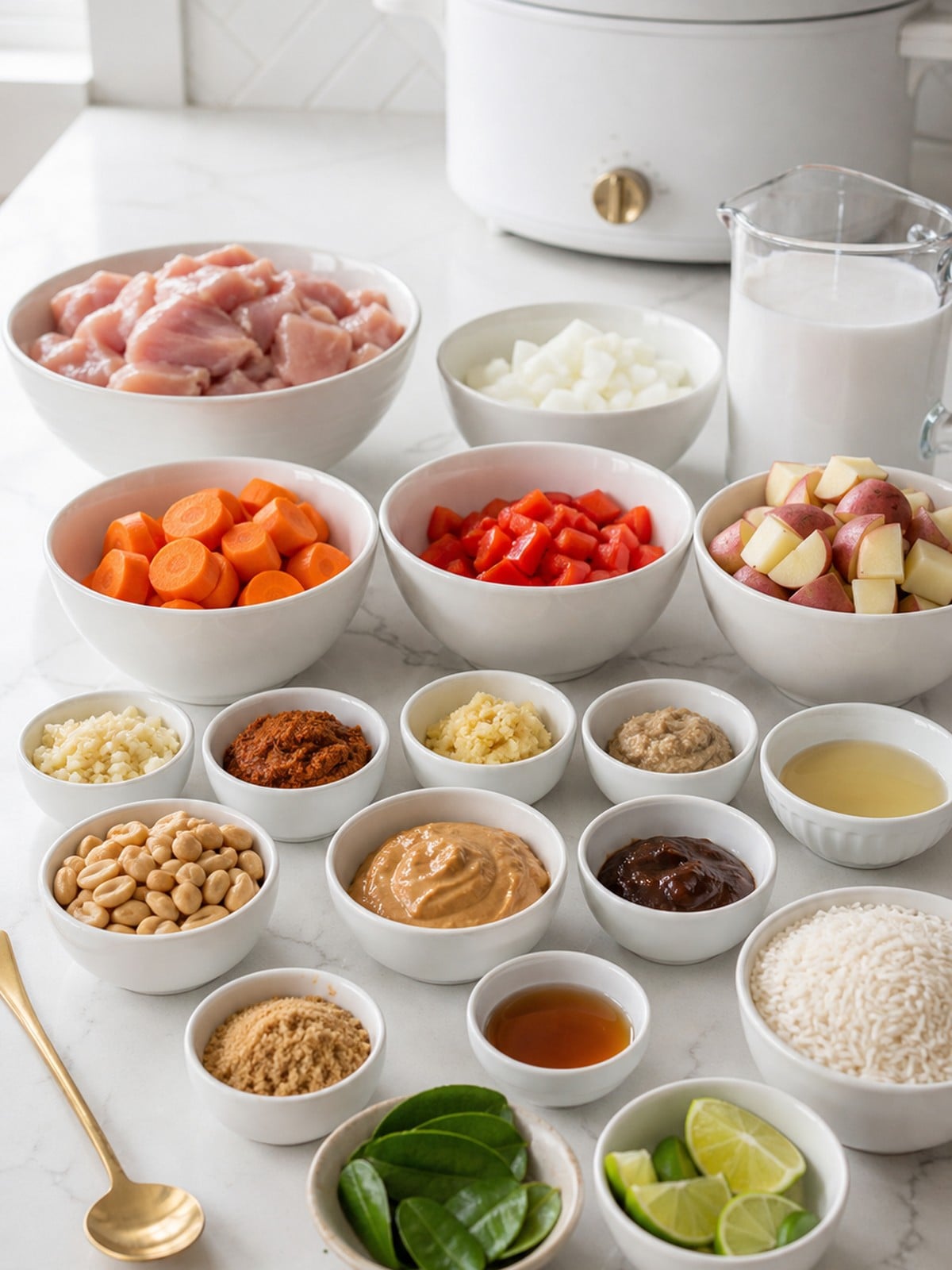 Prepared ingredients for slow cooker Massaman chicken curry arranged on a white quartz counter.