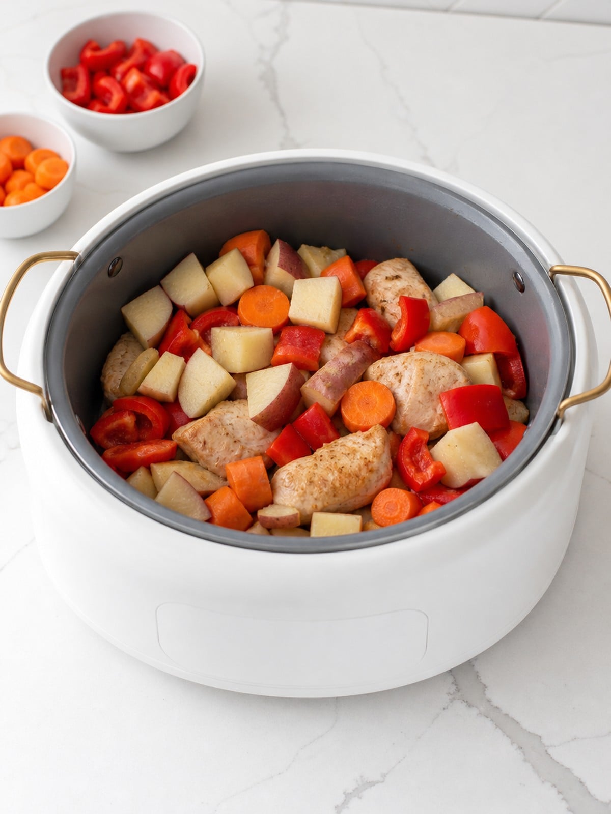 Potatoes, carrots, and bell peppers layered over browned chicken in a white slow cooker.