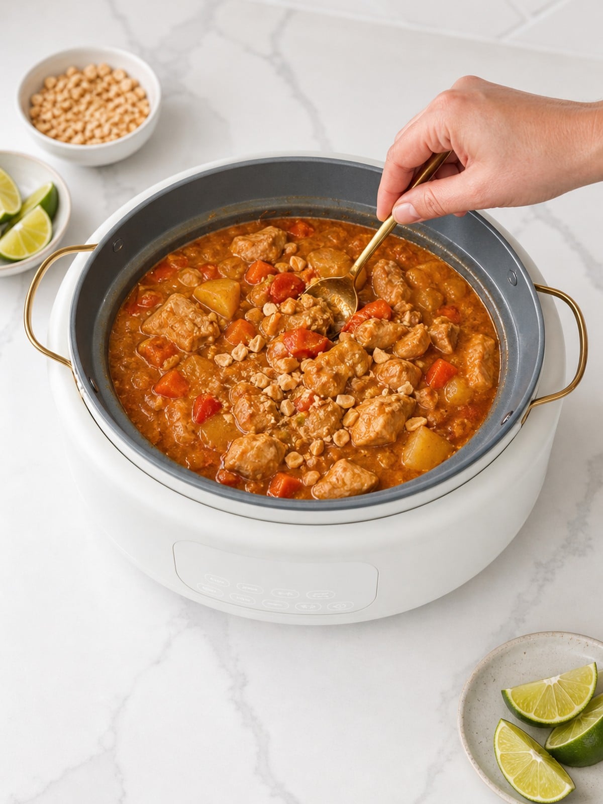 Chopped peanuts being stirred into finished Massaman chicken curry in a white slow cooker.