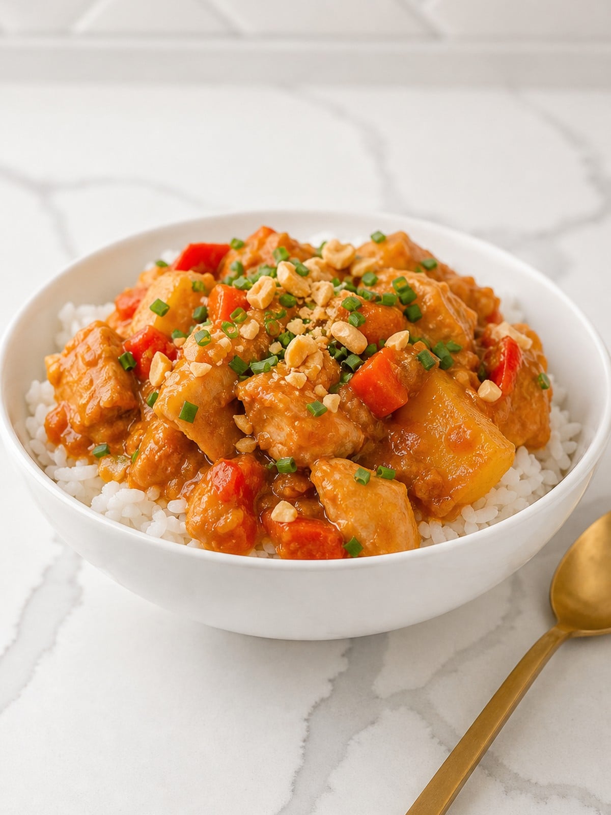 Finished slow cooker Massaman chicken curry served over jasmine rice with chopped peanuts.
