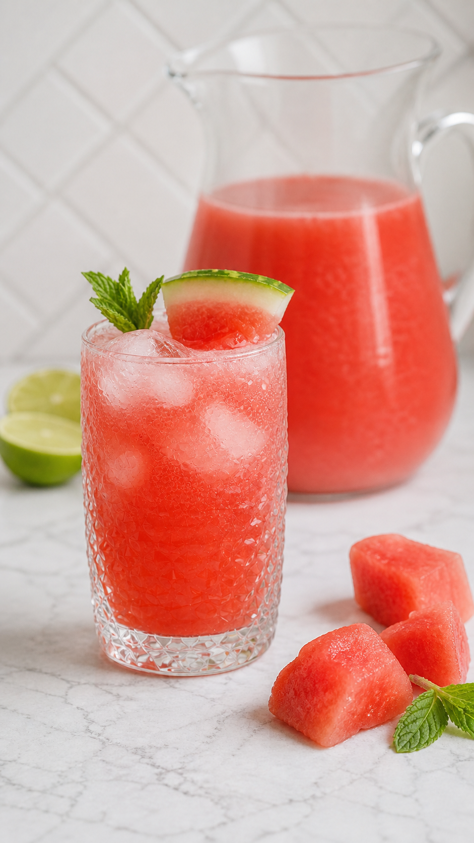 Pitcher and glass of watermelon agua fresca with fresh watermelon and mint.