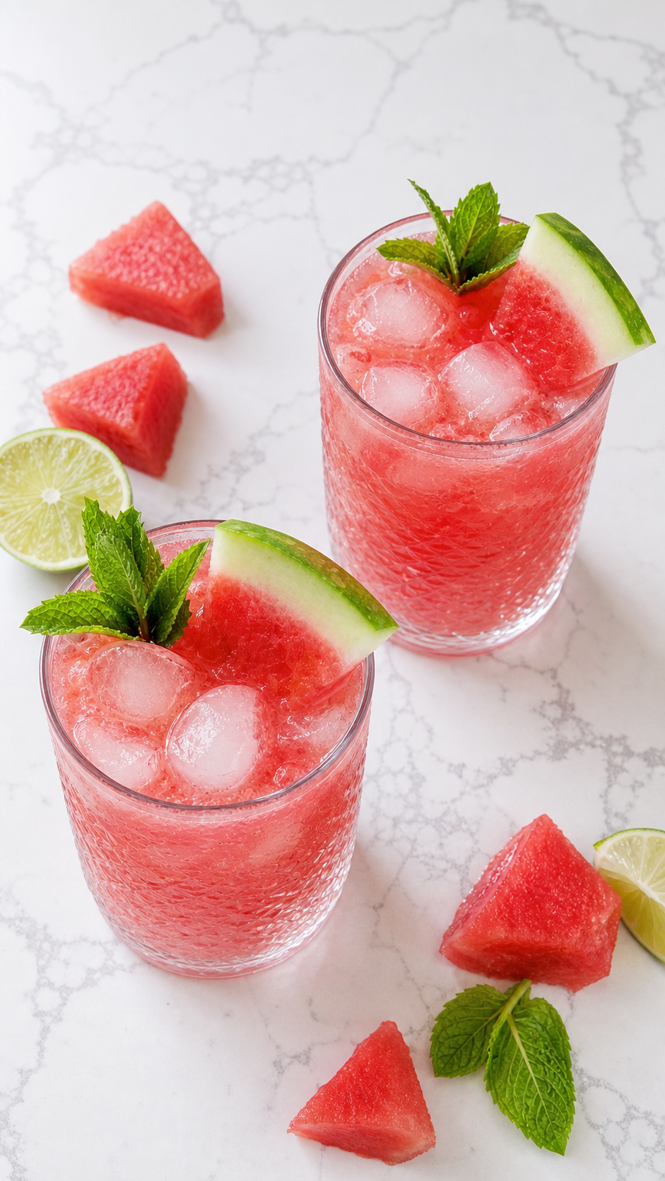 Two glasses of watermelon agua fresca served with fresh watermelon wedges.