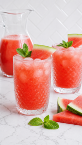 Seedless watermelon agua fresca served over ice with mint and watermelon wedges.