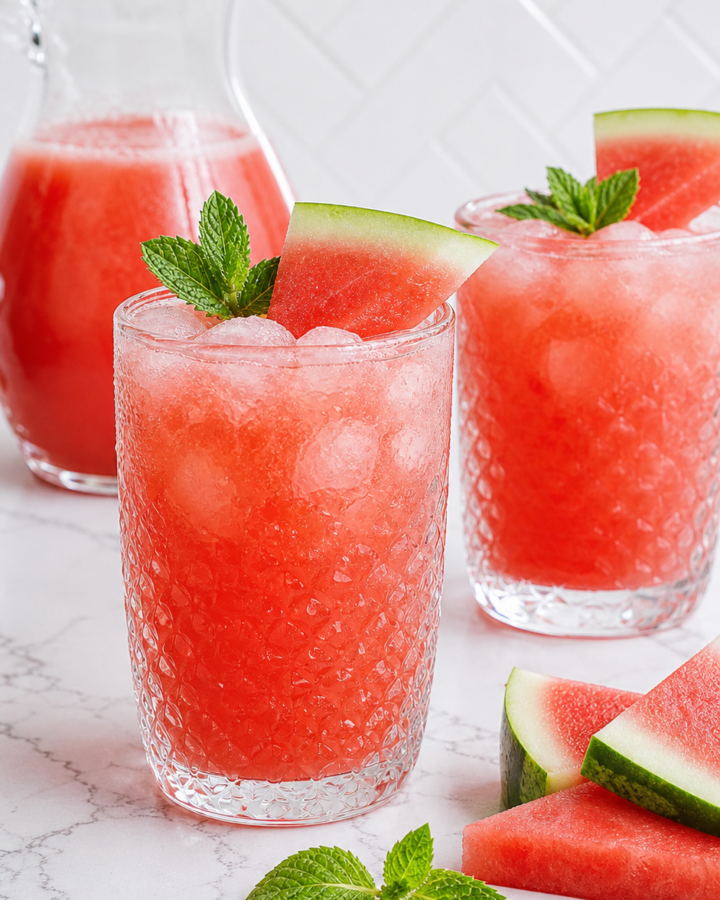 Seedless watermelon agua fresca served over ice with mint and watermelon wedges.