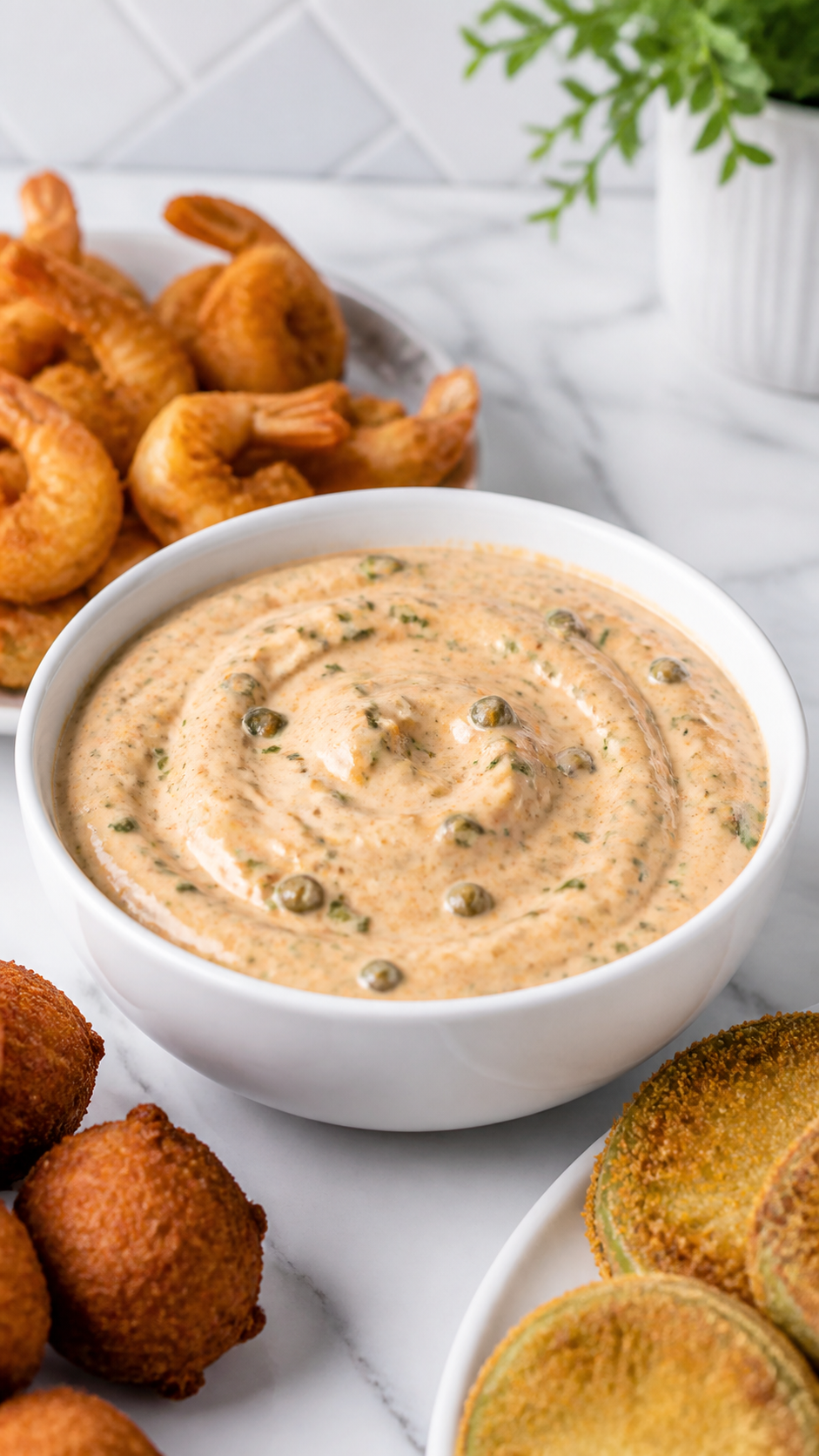 Finished Cajun remoulade sauce served with fried shrimp, hush puppies, and fried green tomatoes.