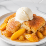 Warm Bisquick peach cobbler with golden topping, juicy peaches, and vanilla ice cream.