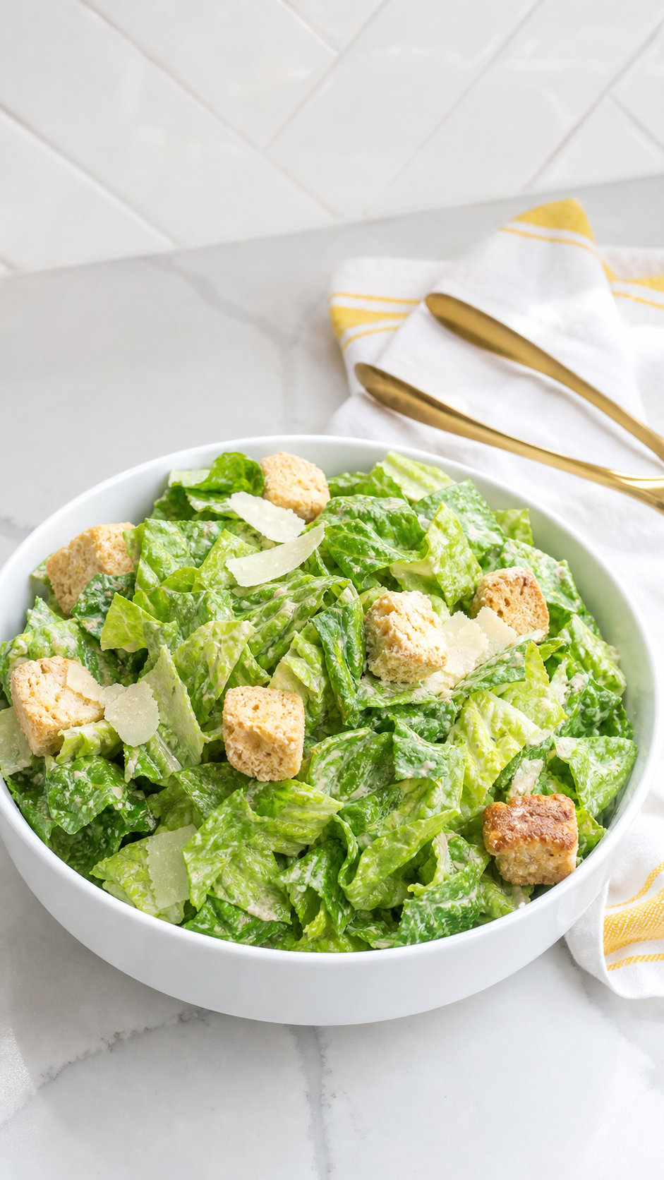 Finished classic homemade Caesar salad with crisp romaine, creamy dressing, shaved Parmesan, and crunchy croutons.