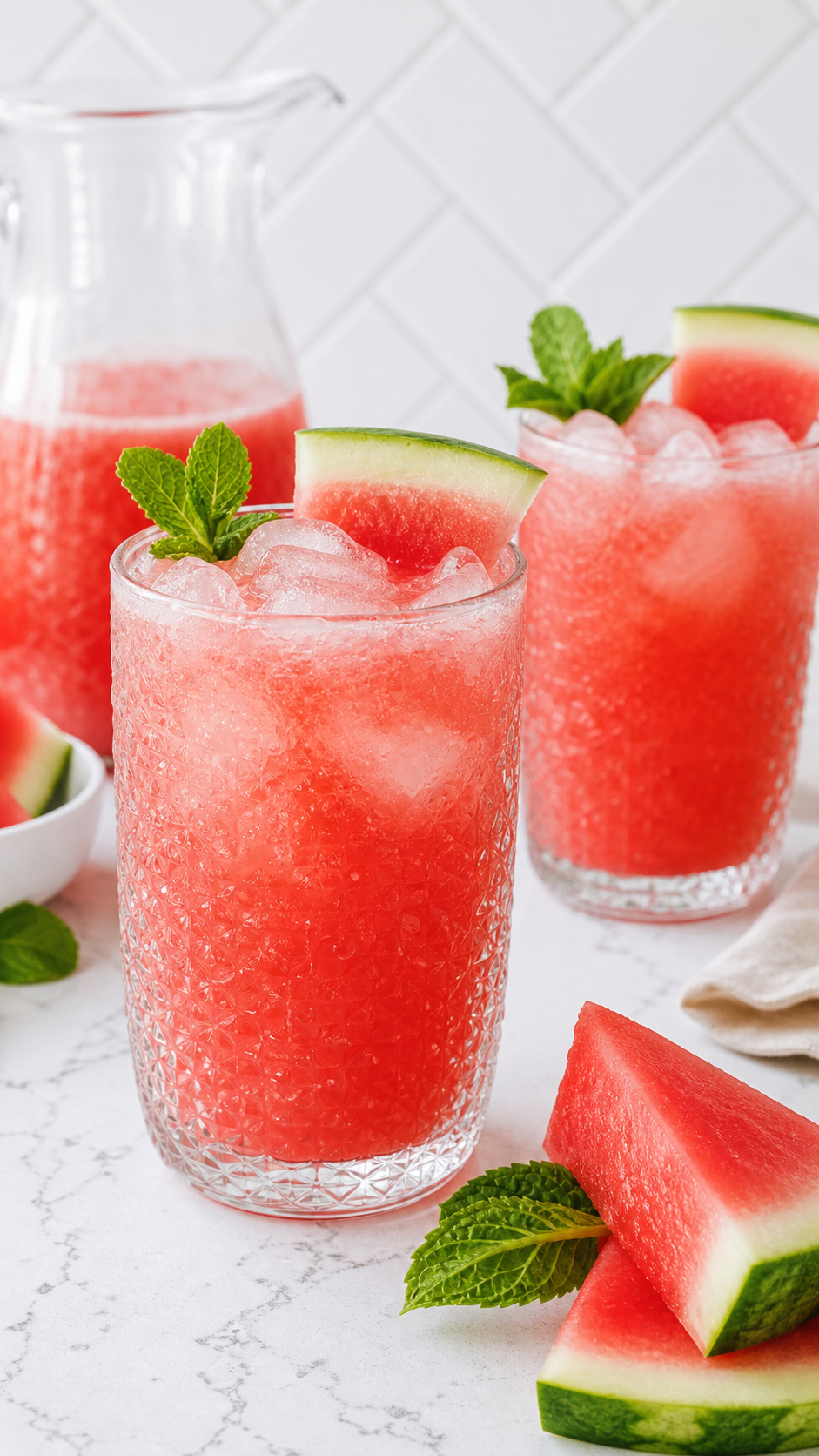 Finished watermelon agua fresca served over ice with watermelon and mint.