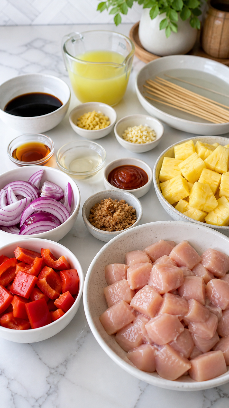 Raw ingredients for Hawaiian chicken skewers including chicken, pineapple, red bell pepper, red onion, marinade ingredients, and wooden skewers.