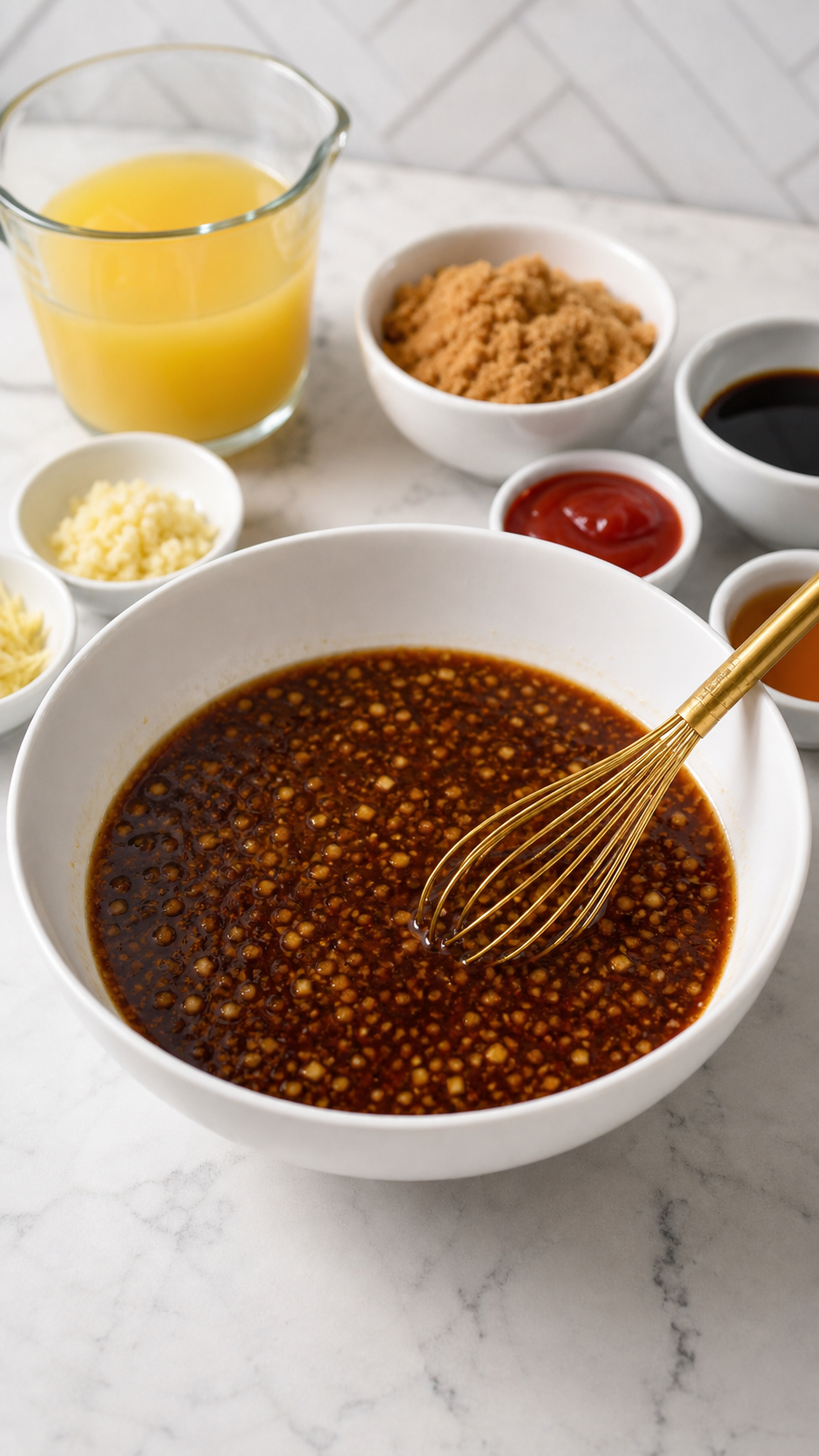 Huli-Huli-style marinade for Hawaiian chicken skewers whisked in a white bowl with ginger, garlic, pineapple juice, soy sauce, ketchup, brown sugar, Sriracha, and sesame oil.