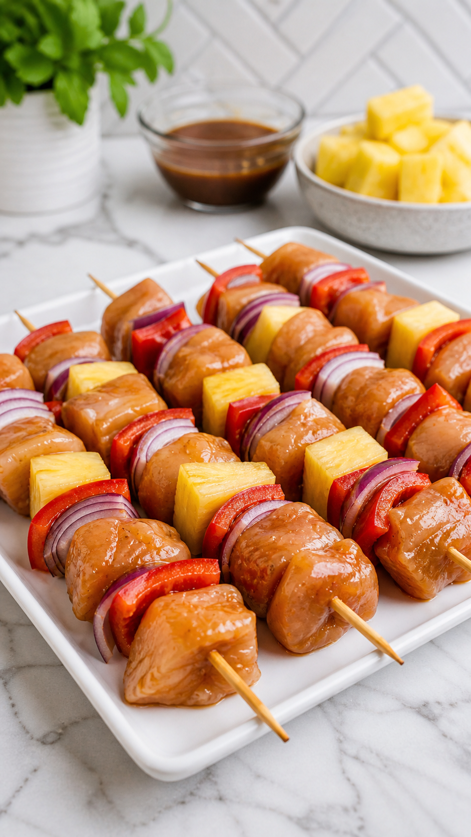 Raw marinated chicken, pineapple, red bell pepper, and red onion threaded onto wooden skewers before grilling.
