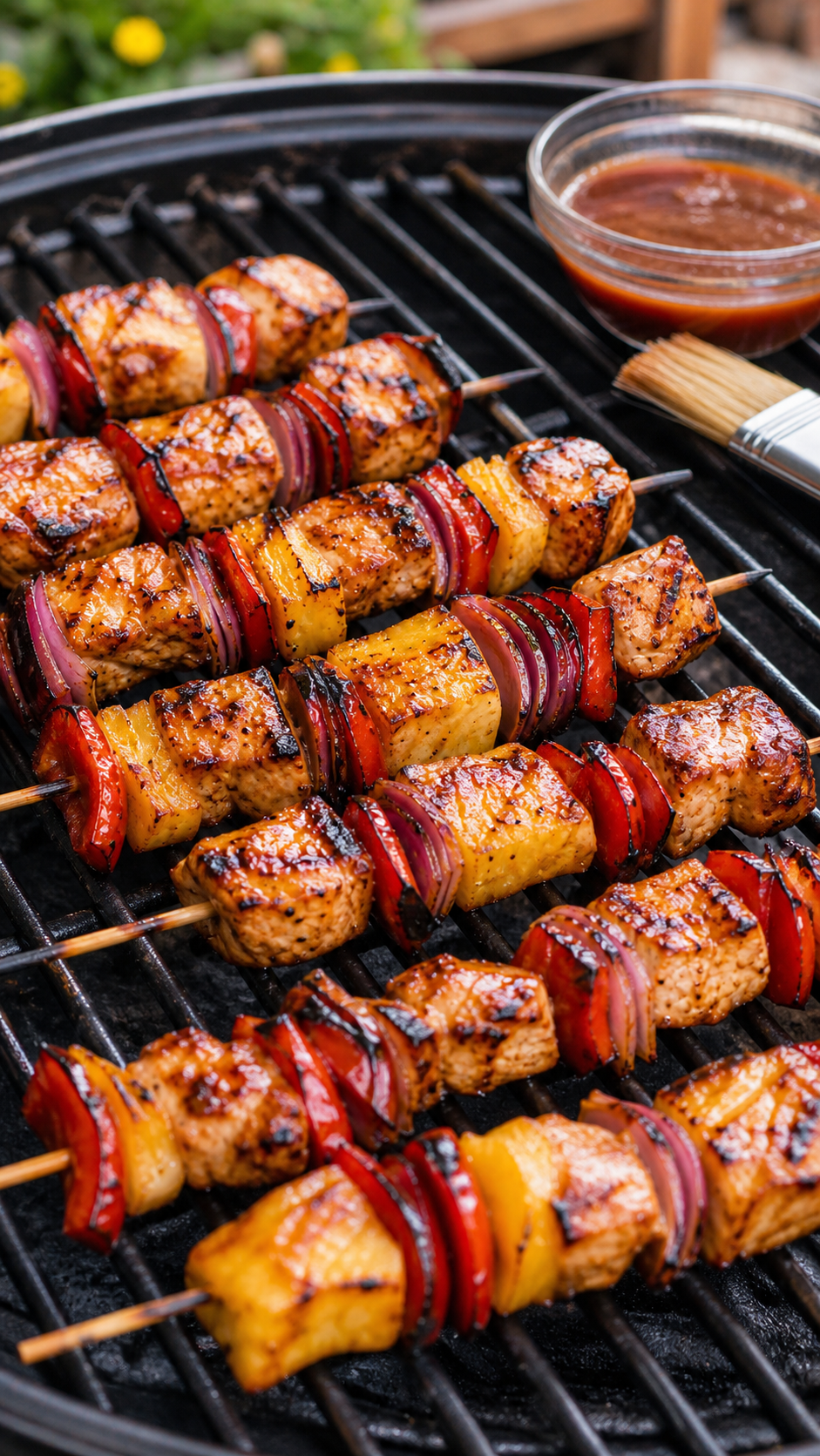 Hawaiian chicken skewers grilling with pineapple, red bell pepper, red onion, charred edges, and glossy reserved marinade.