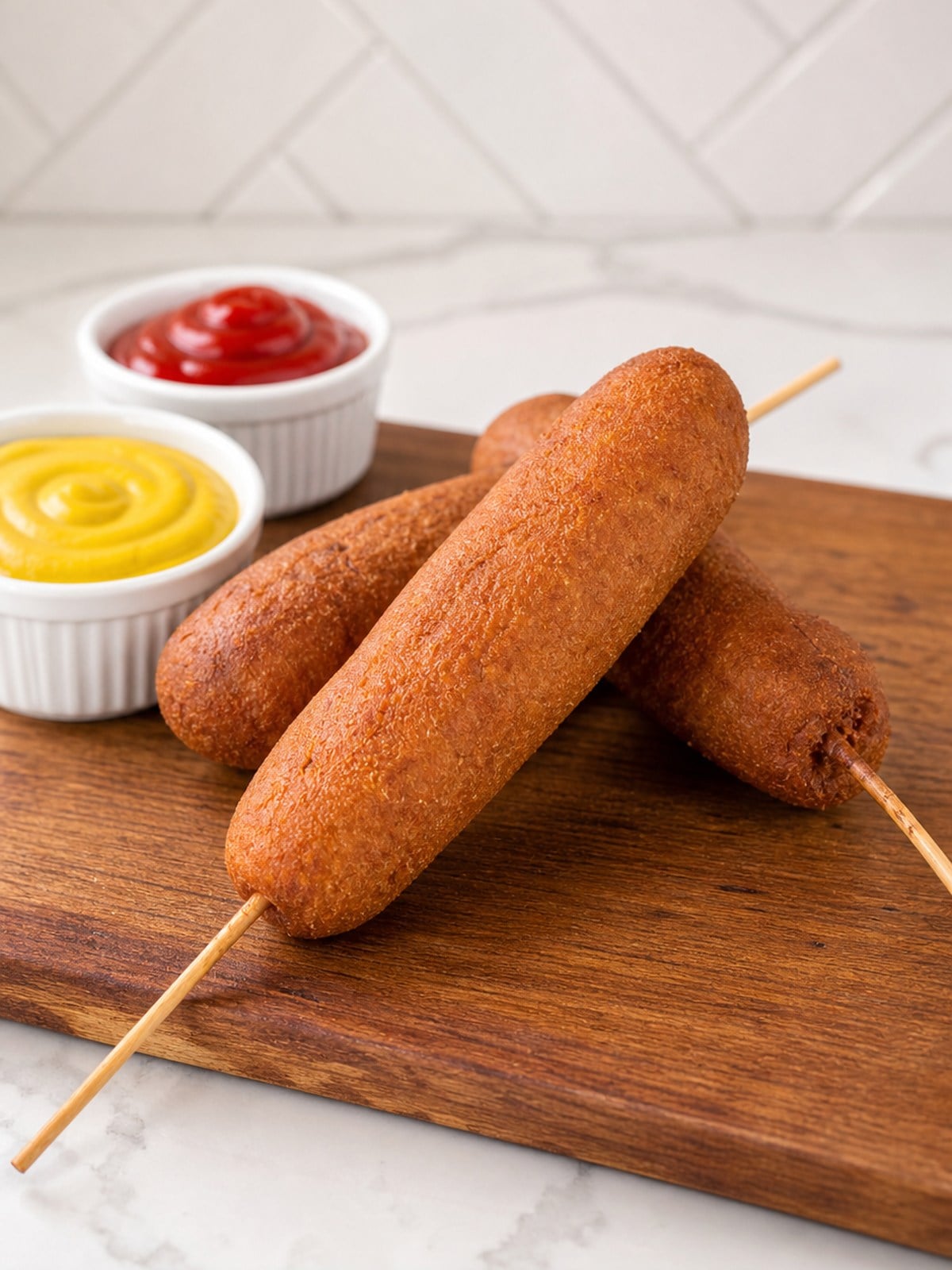 Finished homemade corn dogs served hot with yellow mustard and ketchup.
