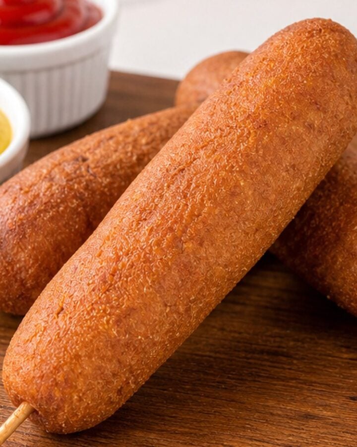 Homemade state fair corn dogs with yellow mustard and ketchup on a wooden board.