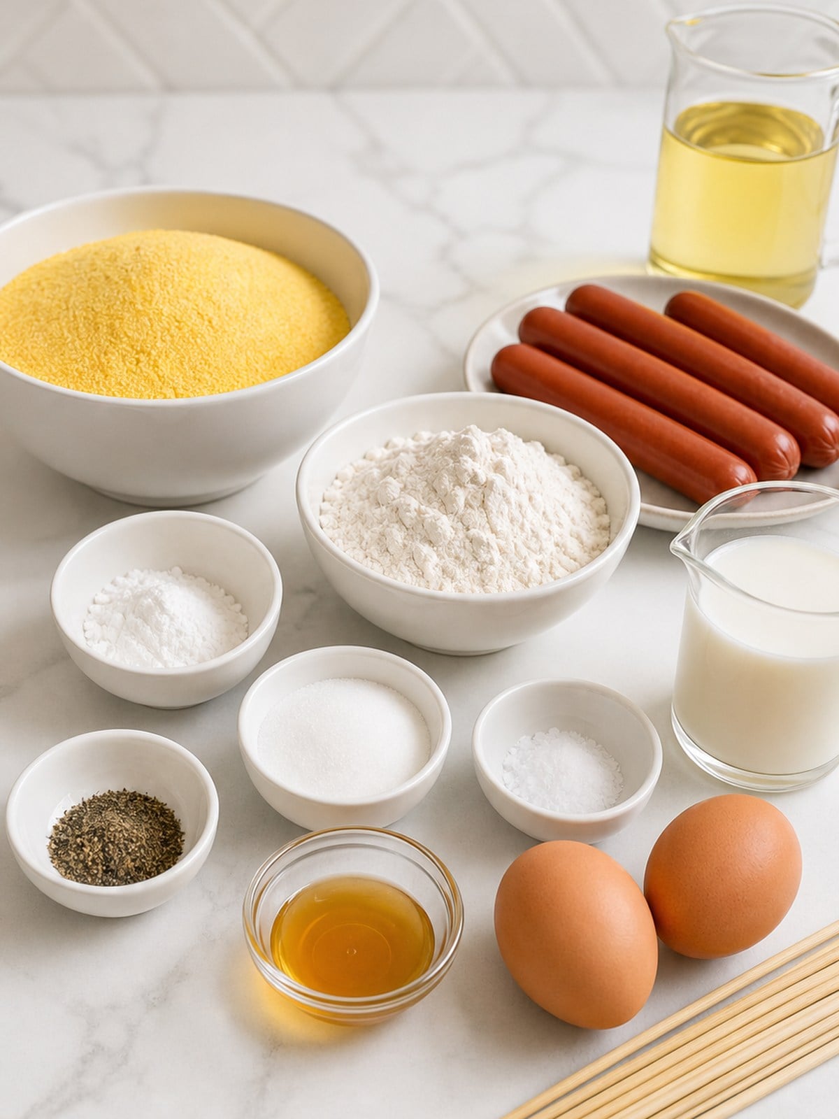 Ingredients for homemade corn dogs including cornmeal, flour, milk, eggs, honey, hot dogs, skewers, and oil.