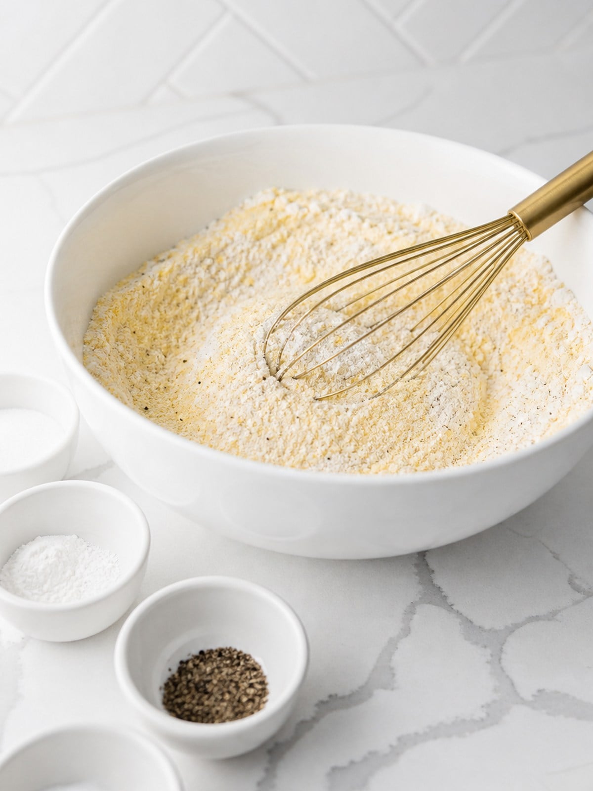 Cornmeal, flour, baking powder, sugar, salt, and pepper whisked together for corn dog batter.