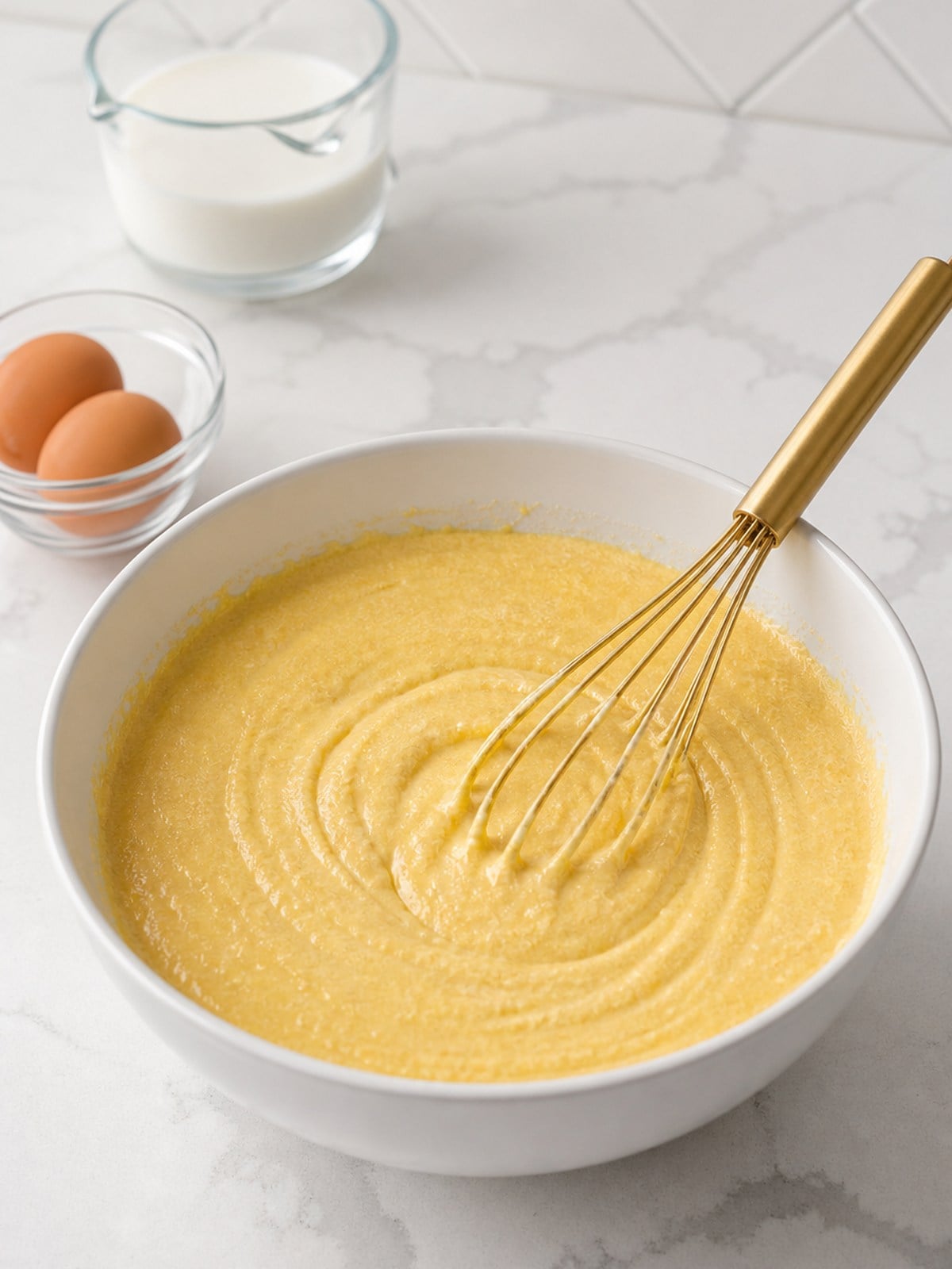 Smooth honey-sweetened cornmeal batter mixed in a white bowl for homemade corn dogs.