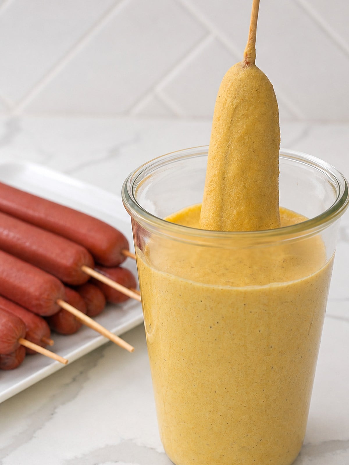 Skewered hot dog dipped into a tall glass of thick cornmeal batter.